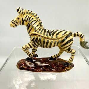 VTG Jere Bejeweled Zebra Jewelry/Trinket Jar Magnetic Close. Black White Enamel